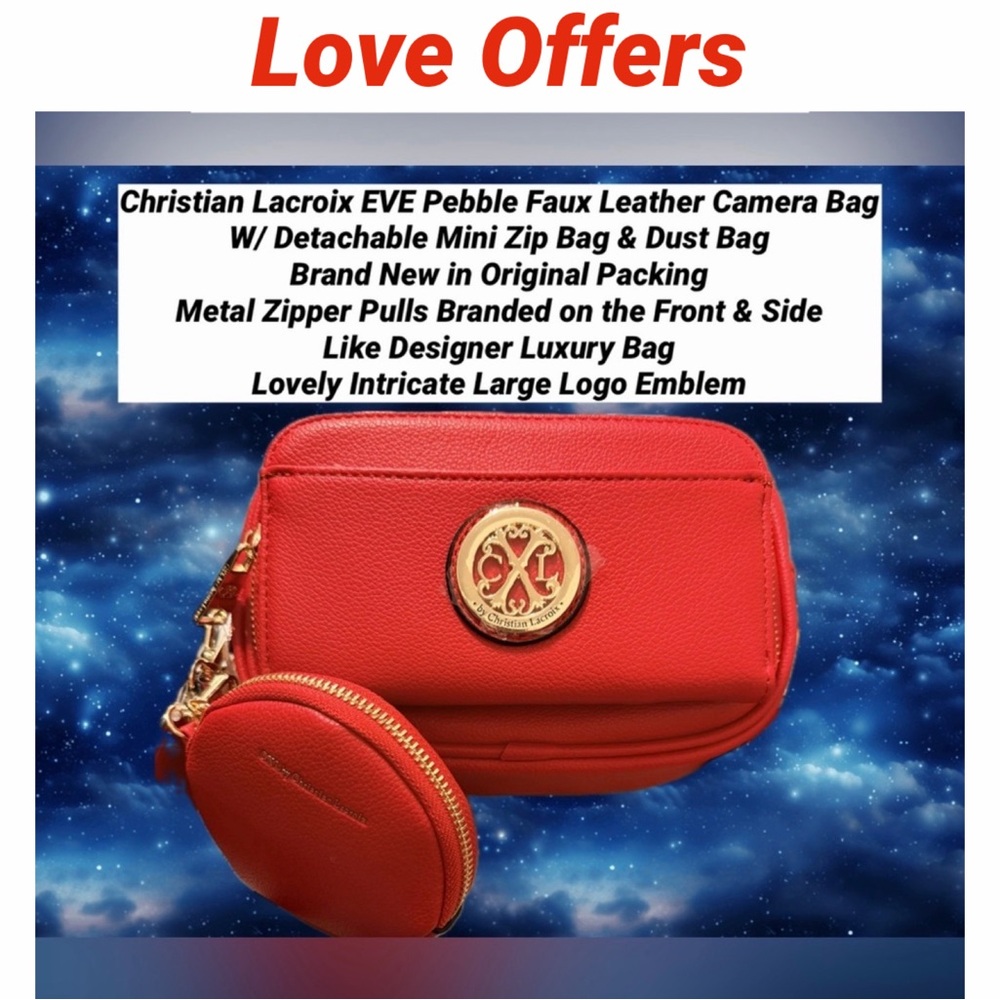 Christian Lacroix NWT Camera Bag Mini Zip Coin Purse Dust Bag Faux RED Leather